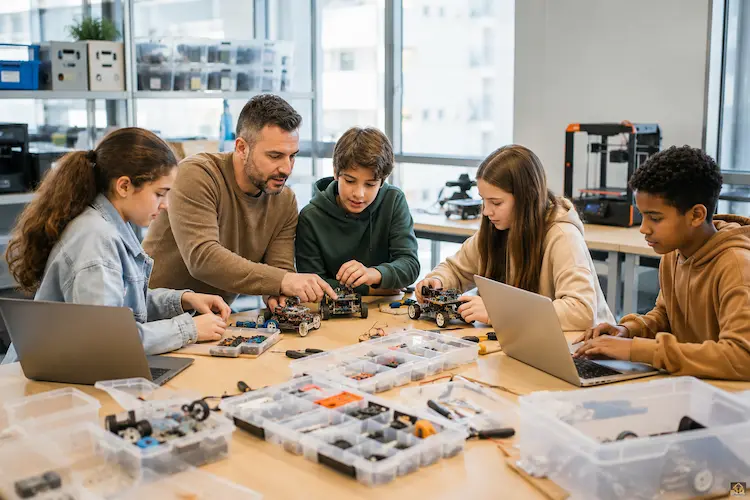 Professor orientando alunos em atividade de cultura maker na educa&ccedil;&atilde;o com materiais pr&aacute;ticos e tecnologia.