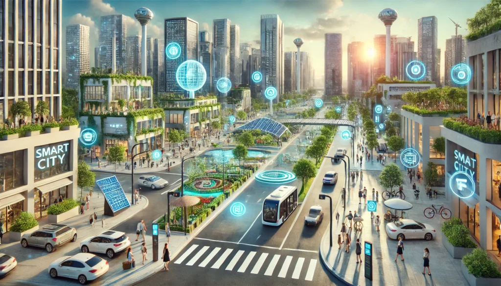 Ilustra&ccedil;&atilde;o de uma cidade inteligente com tecnologia aplicada ao cotidiano, incluindo mobilidade conectada, sensores urbanos, dados em tempo real e integra&ccedil;&atilde;o digital.