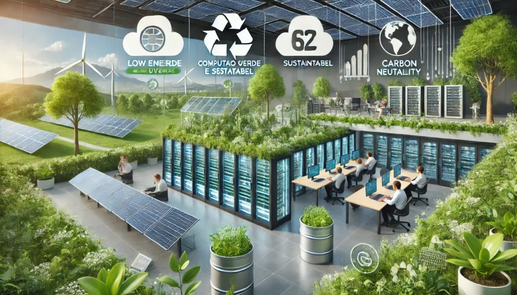 Ilustra&ccedil;&atilde;o de infraestrutura tecnol&oacute;gica sustent&aacute;vel com data centers integrados a energia renov&aacute;vel, efici&ecirc;ncia energ&eacute;tica e preocupa&ccedil;&atilde;o ambiental.