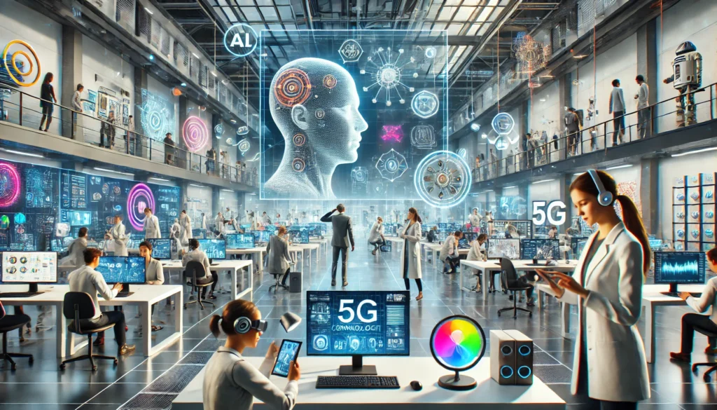 Ilustra&ccedil;&atilde;o de infraestrutura digital avan&ccedil;ada com intelig&ecirc;ncia artificial, redes 5G e ambientes tecnol&oacute;gicos colaborativos sustentando sistemas digitais em tempo real.
