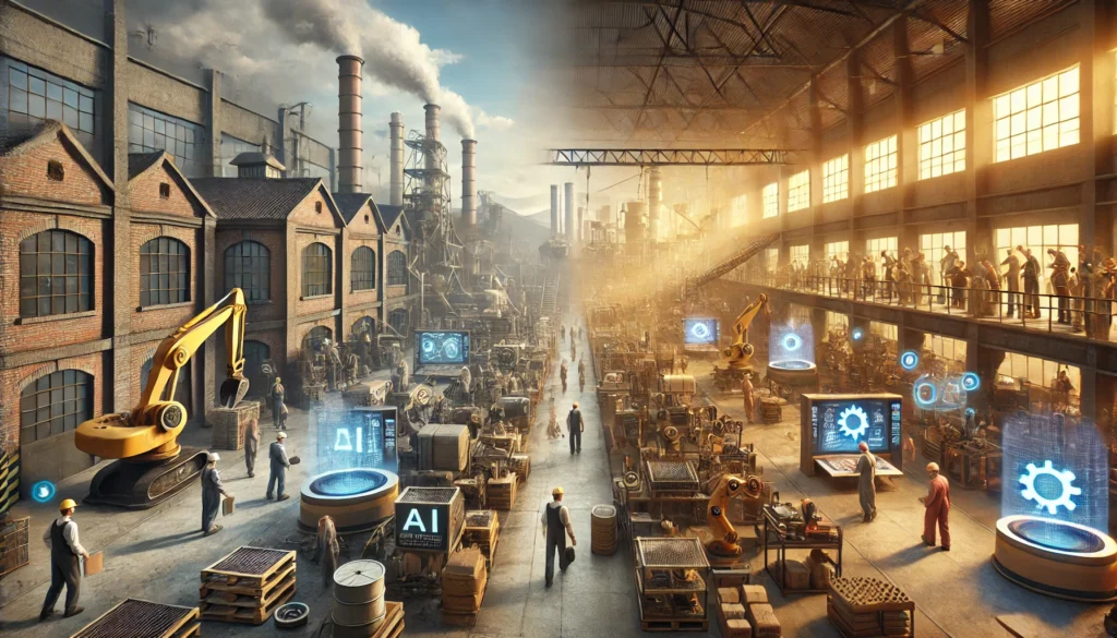 Ambiente industrial com f&aacute;bricas, trabalhadores e sistemas de intelig&ecirc;ncia artificial integrados &agrave; produ&ccedil;&atilde;o, representando a base f&iacute;sica da inova&ccedil;&atilde;o tecnol&oacute;gica.