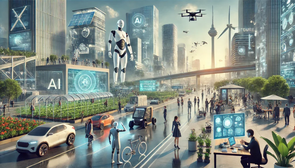 Ilustra&ccedil;&atilde;o de tecnologias emergentes aplicadas a uma cidade inteligente, com intelig&ecirc;ncia artificial, ve&iacute;culos aut&ocirc;nomos, drones, conectividade urbana e integra&ccedil;&atilde;o entre pessoas e sistemas digitais.
