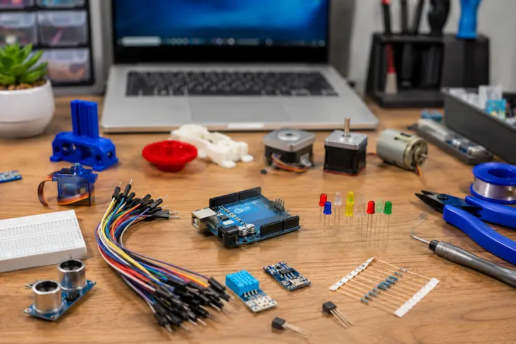 Placa Arduino, sensores, fios, notebook e pe&ccedil;as impressas em 3D usados em projetos maker.