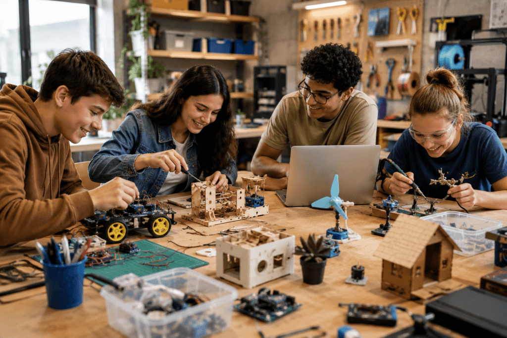Pessoas criando prot&oacute;tipos em uma bancada de cultura maker com ferramentas, circuitos e materiais reaproveitados.