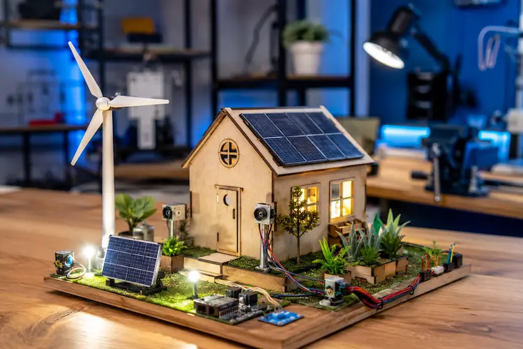 Maquete sustent&aacute;vel com energia solar, turbina e&oacute;lica, LEDs e sensores em projeto maker educacional.