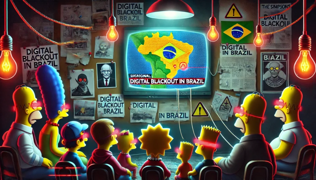 Ilustra&ccedil;&atilde;o inspirada em Os Simpsons mostra personagens reunidos diante de uma TV exibindo o mapa do Brasil, associada ao boato de apag&atilde;o digital.