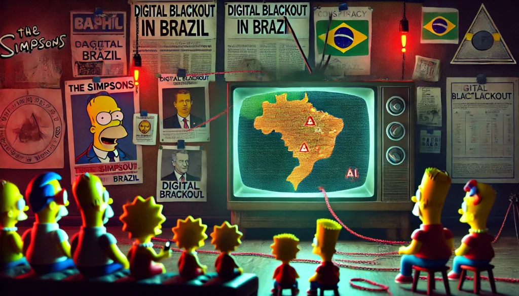Ilustra&ccedil;&atilde;o inspirada em Os Simpsons mostra personagens assistindo a uma TV com mapa do Brasil destacado, sugerindo um suposto apag&atilde;o digital.
