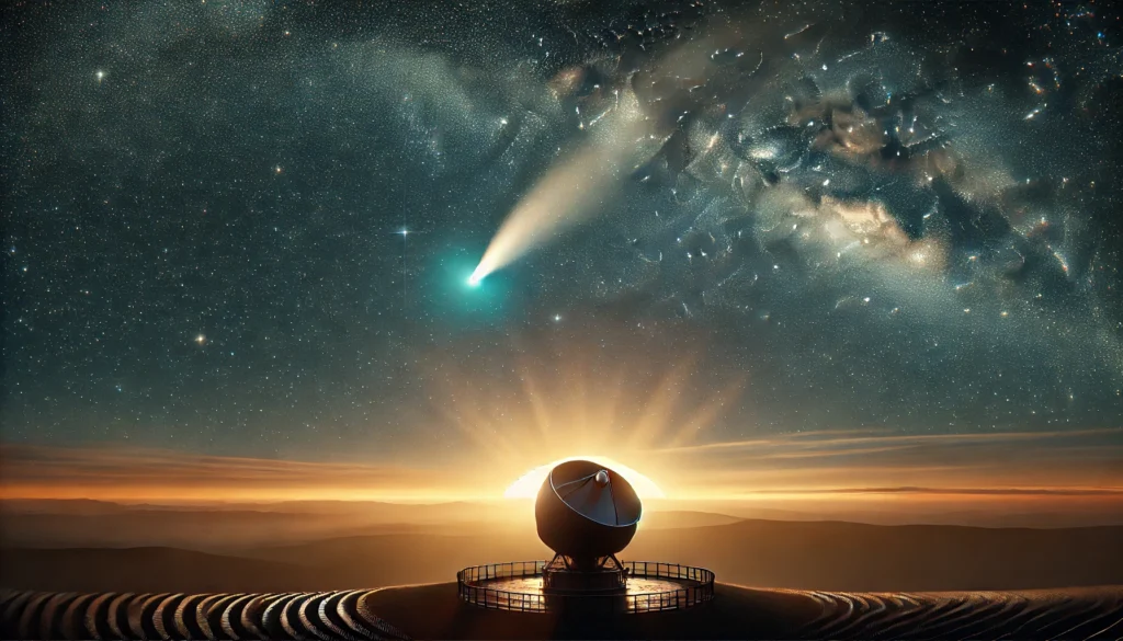 Cometa interestelar C/2025 V1 (Borisov) observado pr&oacute;ximo &agrave; Terra, com cauda brilhante sobre observat&oacute;rio astron&ocirc;mico.
