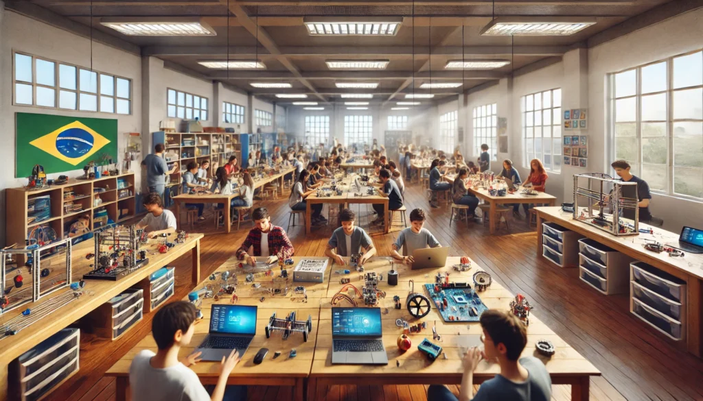Sala maker em escola brasileira com estudantes e professores trabalhando em projetos de tecnologia e rob&oacute;tica.