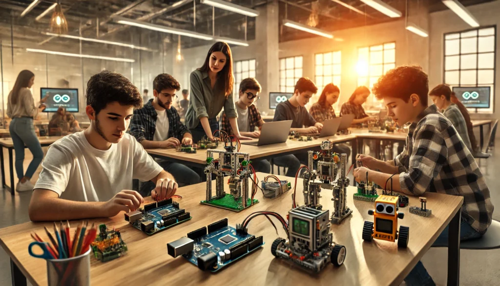 Estudantes brasileiros desenvolvendo projetos de rob&oacute;tica educacional com Arduino e kits de montagem em laborat&oacute;rio maker.