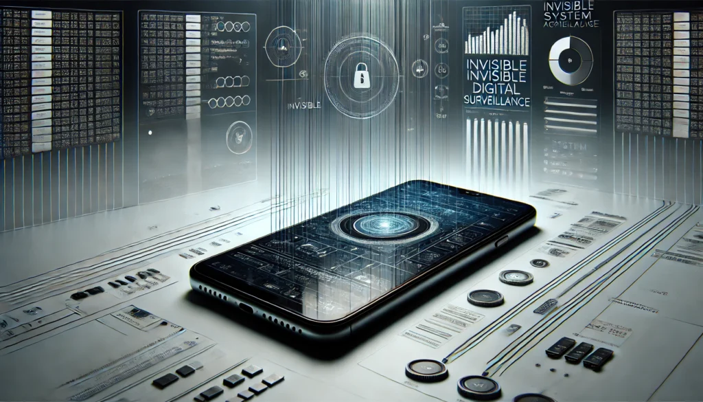 Smartphone sobre interface digital com ícone de cadeado, simbolizando segurança, vigilância digital e controle de dados.