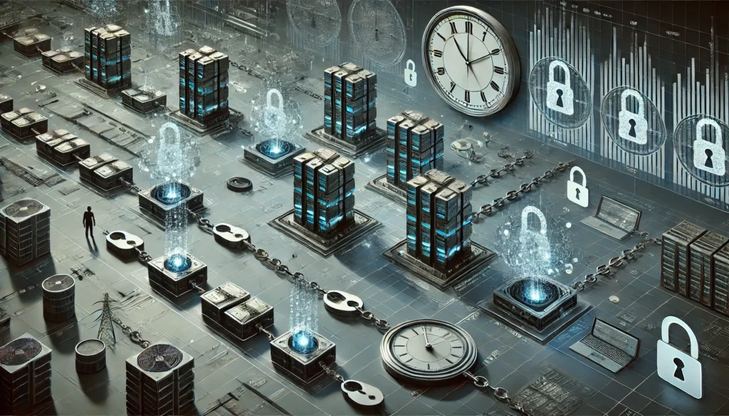 Infraestrutura digital com servidores, cadeados e relógios, representando segurança cibernética, controle de acesso e ataques encadeados ao longo do tempo.