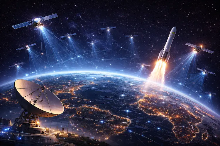 Ilustração espacial mostrando um grande satélite em órbita baixa da Terra, com painéis solares abertos e a curvatura do planeta iluminada ao fundo.