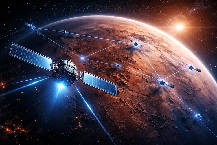 Pequenos satélites orbitando Marte acima da superfície avermelhada do planeta.
