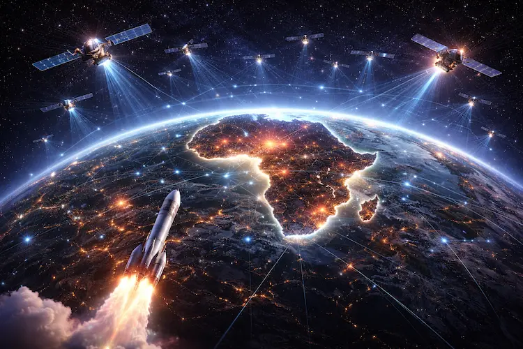 Foguete sendo lançado ao espaço a partir da Terra, simbolizando a expansão de infraestrutura orbital e serviços de conectividade global.