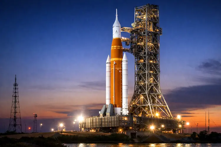 Foguete Artemis 2 da NASA posicionado na plataforma de lançamento, com a cápsula Orion acoplada, iluminado contra o céu ao entardecer.