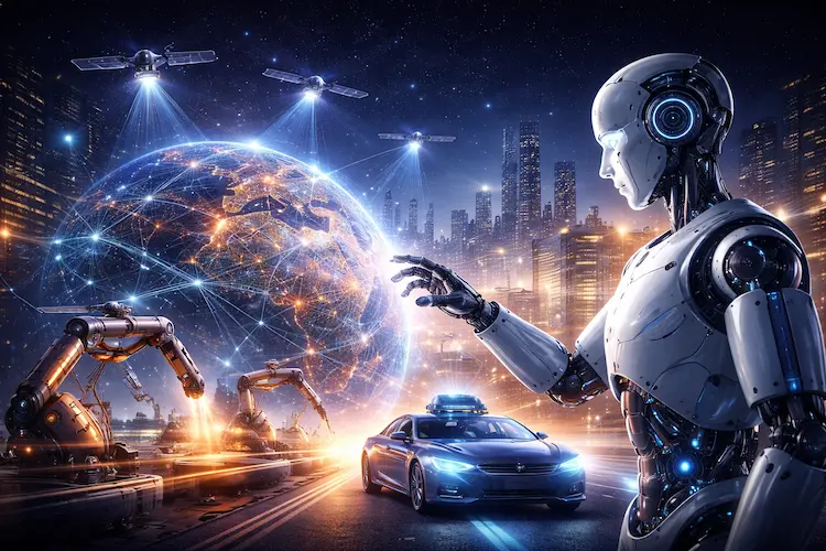 Ilustração conceitual de robôs e sistemas inteligentes interagindo com o ambiente físico real