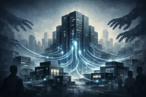 Ilustração editorial mostra a concentração de poder no mercado de IA, com uma grande infraestrutura tecnológica conectando e absorvendo pequenas startups de inteligência artificial.