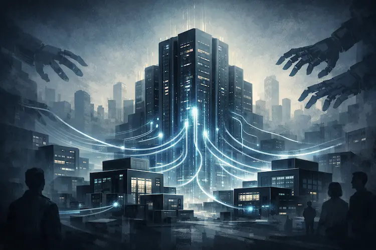 Ilustração editorial mostra a concentração de poder no mercado de IA, com uma grande infraestrutura tecnológica conectando e absorvendo pequenas startups de inteligência artificial.