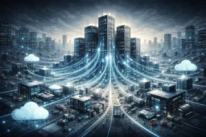 Ilustração mostra grandes estruturas centrais sustentando a infraestrutura digital, com fluxos de dados conectando edifícios menores e serviços distribuídos ao redor.