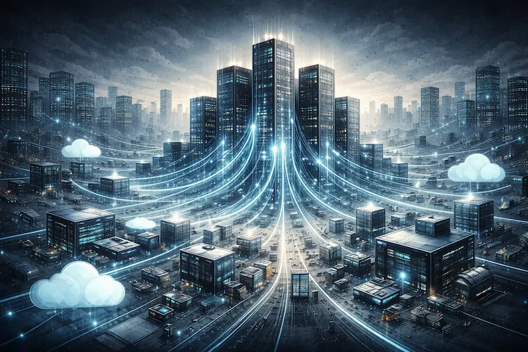 Ilustração mostra grandes estruturas centrais sustentando a infraestrutura digital, com fluxos de dados conectando edifícios menores e serviços distribuídos ao redor.