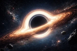 Ilustração espacial mostra um buraco negro cercado por um disco luminoso de matéria, com a luz curvada ao redor da região escura central no espaço profundo.