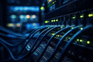 Sala de servidores com racks iluminados e cabos organizados, representando a infraestrutura digital que sustenta serviços online em larga escala.