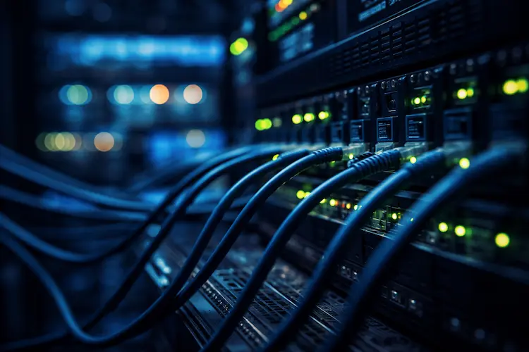 Sala de servidores com racks iluminados e cabos organizados, representando a infraestrutura digital que sustenta serviços online em larga escala.