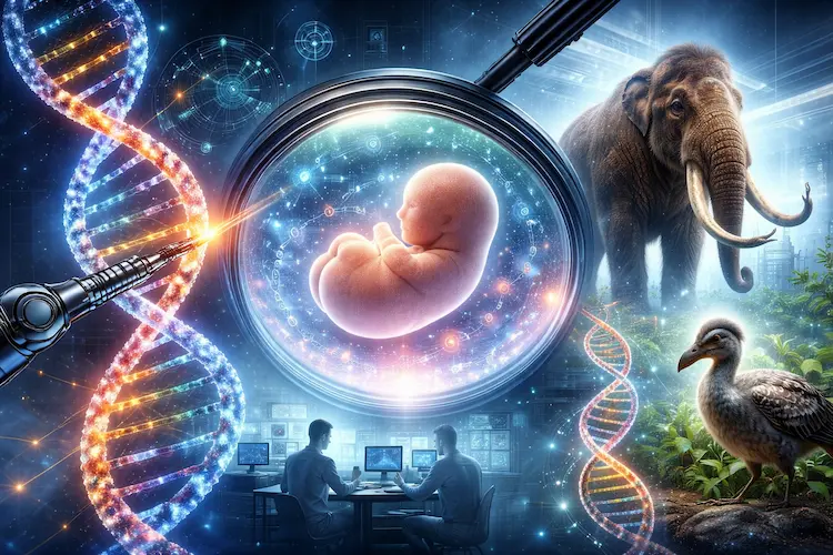 Ilustração conceitual mostrando edição genética, um embrião em ambiente controlado e espécies animais representando avanços e dilemas da biotecnologia moderna.