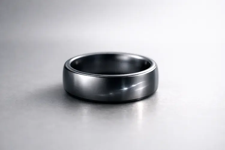 Ilustração editorial de um anel inteligente futurista com design minimalista, representando o conceito do Anel inteligente da Aplle: Aplle Ring.