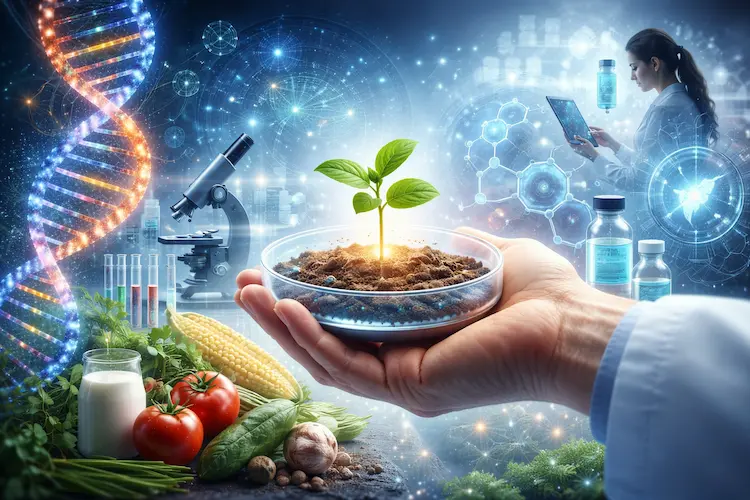 Ilustração conceitual de biotecnologia mostrando a integração entre processos biológicos, ciência e tecnologia no cotidiano humano