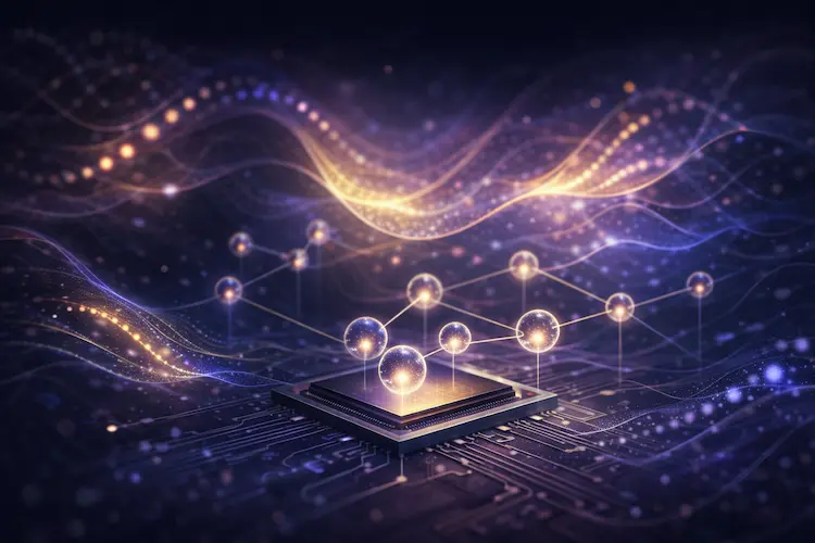 Ilustração editorial de um computador quântico com padrões inspirados na sequência de Fibonacci, representando estudos sobre realidade quântica e cristais do tempo.