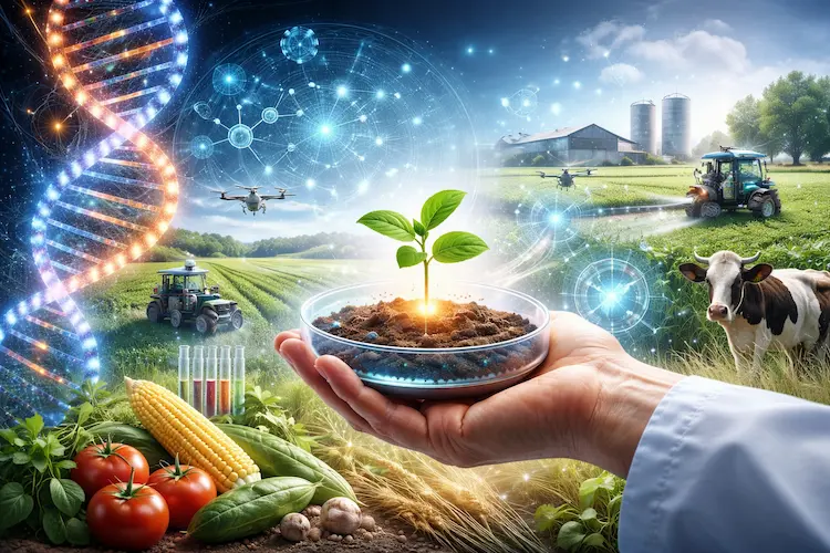 Ilustração de campo agrícola moderno com plantas cultivadas em fileiras, elementos científicos sutis e símbolos visuais que representam pesquisa genética e inovação no agronegócio.