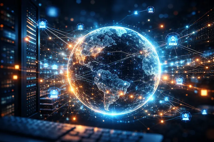 Ilustração de fluxos de dados e sistemas automatizados conectando o globo terrestre, representando a internet operada majoritariamente por bots e infraestrutura digital.