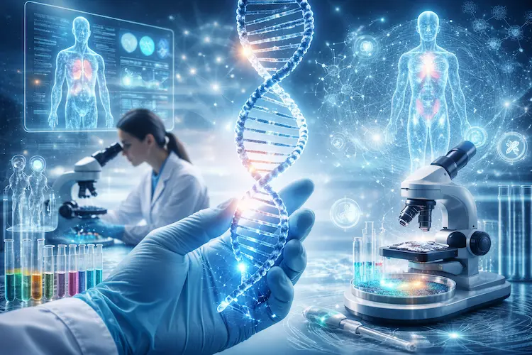 Ilustração digital de ambiente clínico moderno com elementos de biologia molecular, dados médicos e tecnologia integrada ao cuidado em saúde.