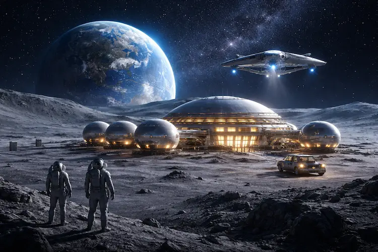 Ilustração de um hotel futurista instalado na superfície da Lua, com módulos habitáveis iluminados e a Terra visível ao fundo, representando o planejamento real de turismo lunar.