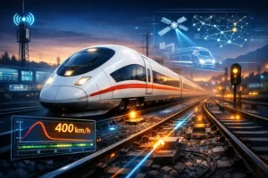 Trem de alta velocidade em operação, representando sistemas avançados de engenharia, sensores e automação usados em transportes ferroviários modernos