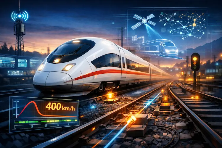 Trem de alta velocidade em operação, representando sistemas avançados de engenharia, sensores e automação usados em transportes ferroviários modernos