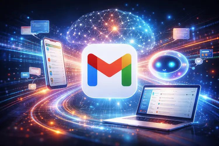 Interface do Gmail integrada a inteligência artificial, mostrando e-mails sendo organizados e assistente digital auxiliando o usuário em diferentes dispositivos