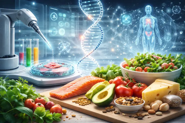 Ilustração editorial de alimentos e ingredientes naturais sendo analisados por estruturas científicas, com elementos que representam fermentação, bioprocessos e inovação alimentar.