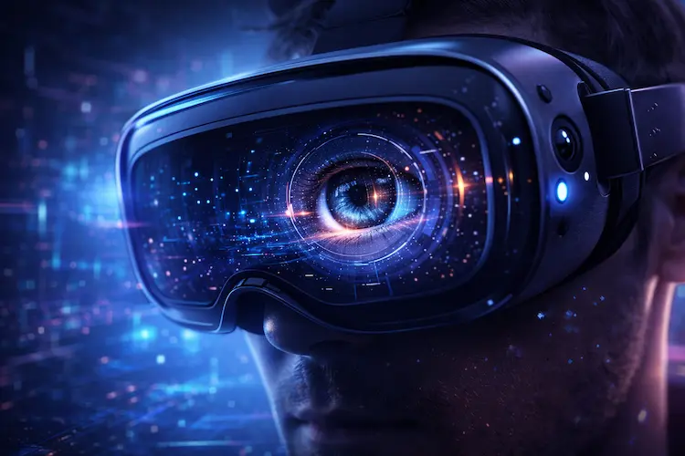 Ilustração editorial de um olho humano em foco interagindo com uma interface de realidade virtual, representando rastreamento ocular