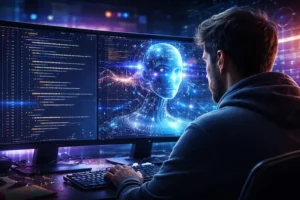 Ilustração editorial mostrando um programador observando sistemas de inteligência artificial atuando sobre código
