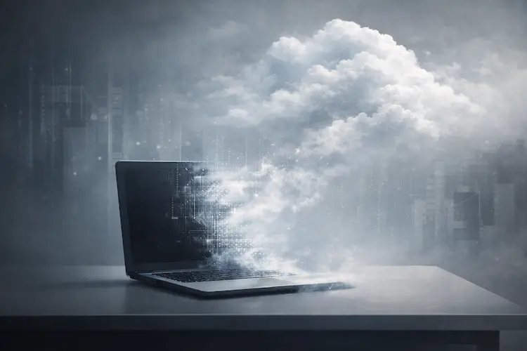 Computador portátil sobre uma mesa minimalista com sua estrutura física parcialmente se dissolvendo em formas abstratas que representam computação em nuvem.