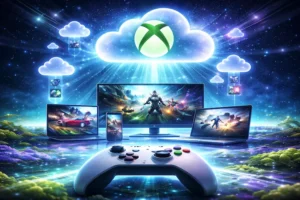 Interface abstrata de jogos em nuvem sendo transmitidos para diferentes dispositivos conectados, com controles e elementos digitais flutuando em um ambiente tecnológico.