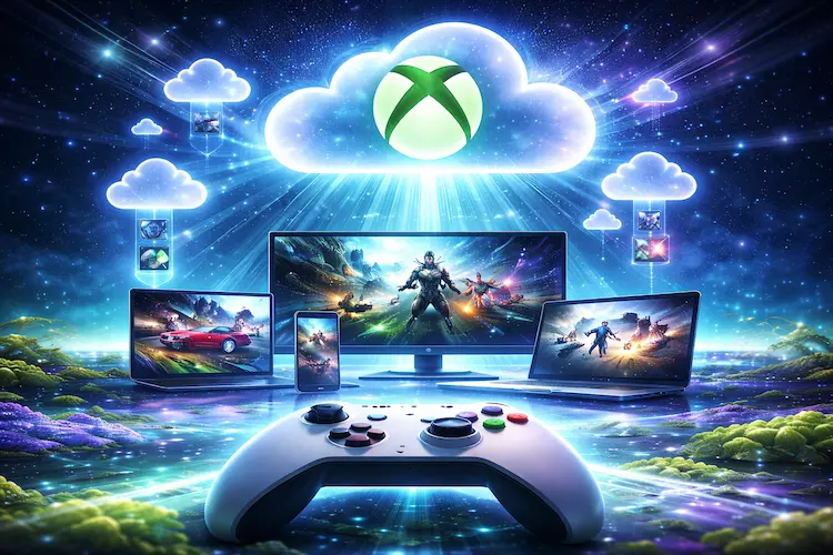Interface abstrata de jogos em nuvem sendo transmitidos para diferentes dispositivos conectados, com controles e elementos digitais flutuando em um ambiente tecnológico.