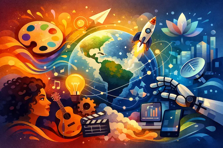 Ilustração abstrata representa a conexão entre criatividade, cultura e tecnologia em um ambiente contemporâneo.