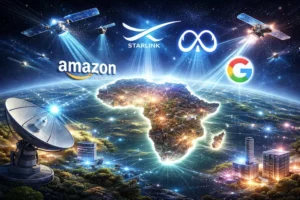 Ilustração editorial mostrando a África no centro de conexões digitais globais, com cabos, satélites e fluxos de dados ligando o continente a diferentes regiões do mundo.