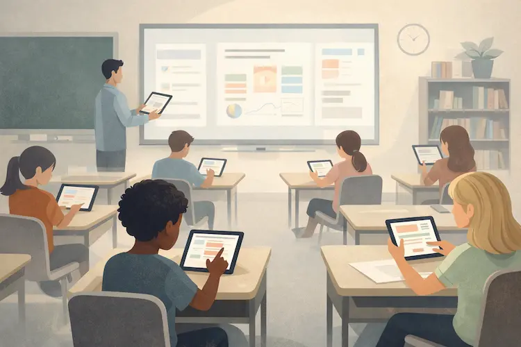 Ilustração mostra uma sala de aula moderna com alunos usando dispositivos digitais enquanto um professor orienta a atividade.