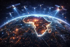 Vista do planeta Terra a partir do espaço, com o continente africano em destaque e conexões luminosas simbolizando redes de satélites e infraestrutura digital em expansão.