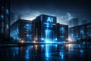 Centro de dados moderno com fileiras de servidores iluminados, representando infraestrutura de inteligência artificial.